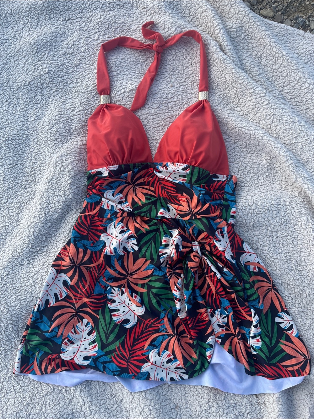 Wimens Coral Halter Tropical Print Swim Dress